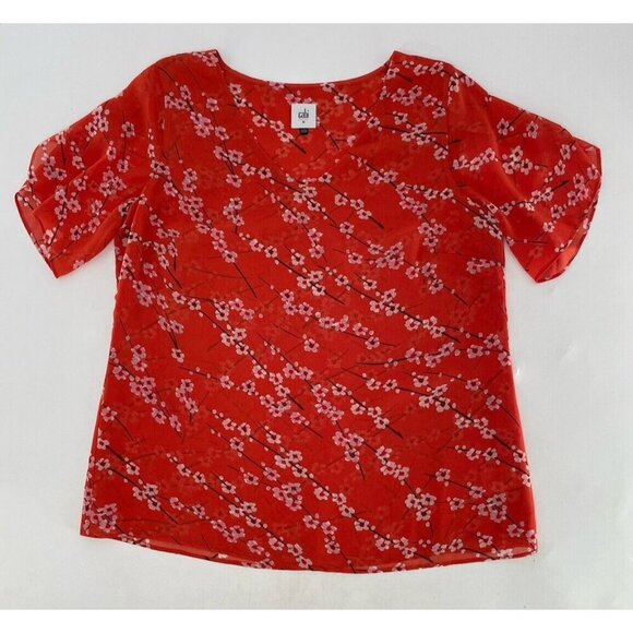 Cabi Chiffon Cherry Blossom Orange Red Floral Split Short Sleeve Top Sz M #5712 - Picture 3 of 10